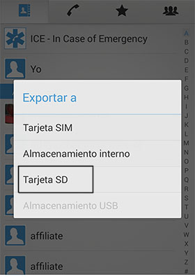 exportar contactos a la tarjeta SD