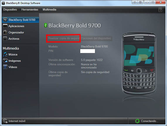 la copia de seguridad de datos del BlackBerry en el ordenador