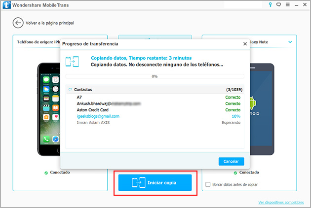 transferencia de datos de un teléfono a otro