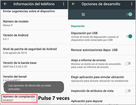 activar el modo de depuración usb en android