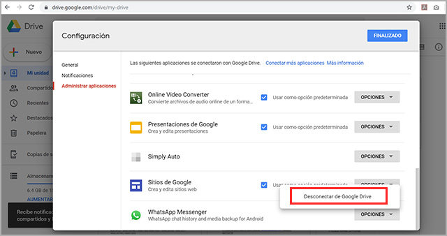 desconectar WhatsApp de Google Drive