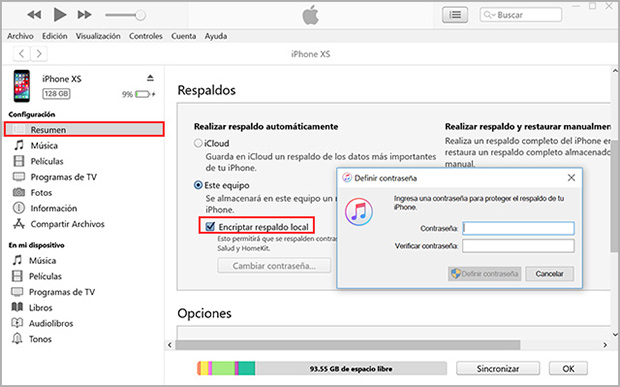 proteger con contraseña la copia de seguridad de itunes