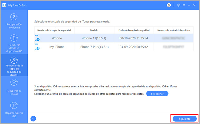 seleccione la copia de seguridad de iTunes para recuperar los datos eliminados
